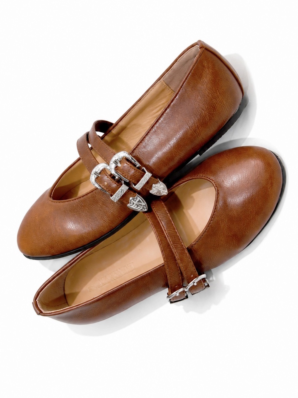 Brown Women’s Brown Western Double-Buckle Faux Leather Mary Jane Flats